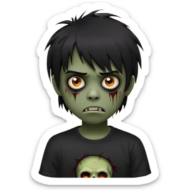 Boy, zombie, black hair, medium long, emo, shaggy, dark, spooky, creepy expression, fringe approximately to the eyebrows height, with Black t-shirt  sticker
