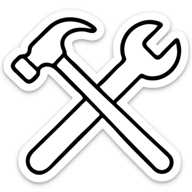 minimalist icon of a hammer and wrench crossed, representing a workshop, simple and clear sticker