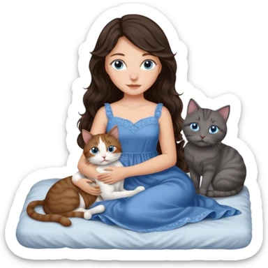 detailed realistic looking a dark grey and white cat regally laying with six other cats, cuddling with their owner in bed who is a pretty bratz lightly tanned white girl with long dark brown hair, blue eyes and gorgeous long wavy hair wearing a pretty detailed dress sticker