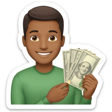 Create a photorealistic emoji of a happy man holding money. 4 different options sticker