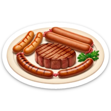 Meat dishes avatar in clean emoji-style illustration. Steak, roasted meat, and sausages, rich brown and red tones, simple shapes, flat design, hearty and appetizing. sticker