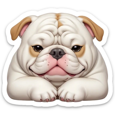 Cinematic Meme-Worthy Chubby Sleeping White English Bulldog Portrait Emoji, Head resting peacefully with a contented smile, showcasing a delightfully chubby build and a luxuriously soft pure white coat, eyes shut in a serene nap, Simplified yet hilariously adorable features, highly detailed, glowing with a soft, drowsy light, high shine, relaxed and utterly lovable, stylized with an air of playful laziness, bright and heartwarming, soft glowing outline, capturing the essence of a comically sleepy guardian, so meme-worthy it feels like it could instantly become the next viral sensation of adorable slumber! sticker