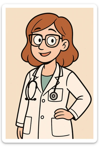 female doctor, modern cartoon style, white coat, stethoscope, friendly expression sticker