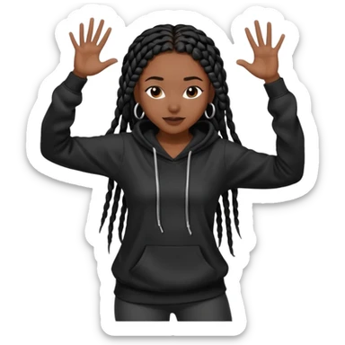 African American girl dark skin with long black box braids wearing plain black hoodie with hands dancing sticker