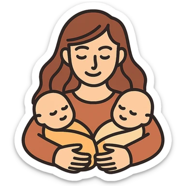 vector illustration of a mother in the style and appearance of the reference, hugging two babies, one on each arm, detailed and expressive, simple lines, soft shadows and highlights, complex shapes, light beige-brown color scheme, flowing hair, clear facial features, atmosphere of warmth and care sticker