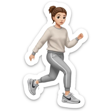 Chica blanca, pelo castaño recogido con pelos fuera, jersey de invierno y nike Nicki sticker