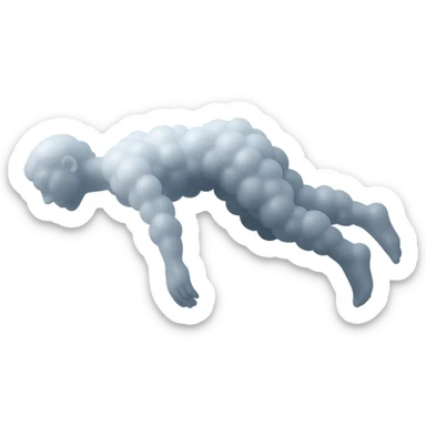 side view of unconscious person flying upwards by torso, arms and legs down, made of small very bright white fluffy convex clouds, matte glass style sticker