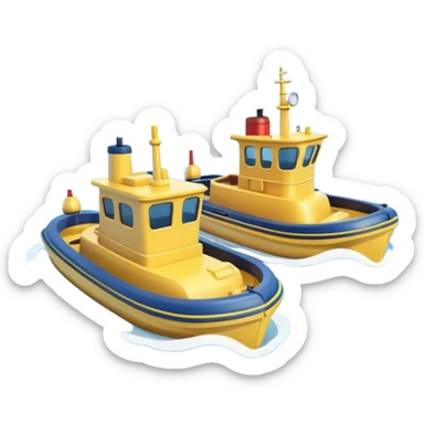 A 3D cartoon tugboat towing another boat on calm blue water, soft waves, clear sky, Memoji-style. sticker
