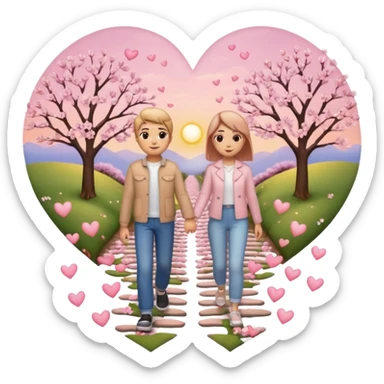 3D emoji-style of two roads merging into one 💞, with cherry blossoms 🌸, floating hearts 💕, soft sunset sky 🌅, and a couple walking hand-in-hand 👩‍❤️‍👨. Romantic and aesthetic vibe sticker