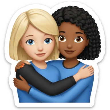 Girl best friends: one white girl with straight blond bob and blue eyes, one shorter black girl with long black curly hair, hugging sticker