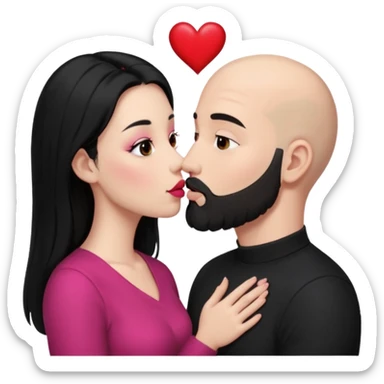 👩🏻‍❤️‍💋‍👨🏻 this one but the man should be bald. white woman with long black hair and white bald young man whoitiut hair and a heart between their heads. she has pink lips and both have brown eyes. he has e full beard but short. both wear black. they kiss slowly sticker