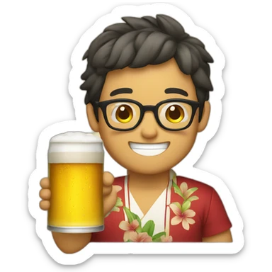Japanese wearing glasses alohashirt is holding beer sticker