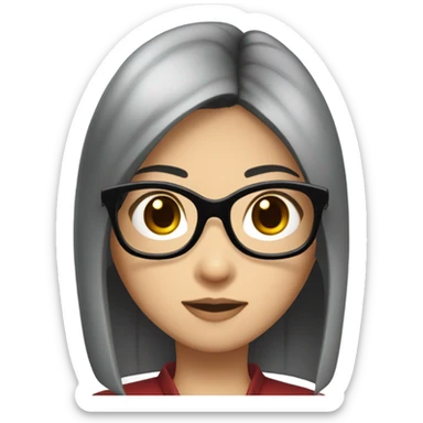 a asian girl with medium black staight hair and bayonetta glasses that us dark red sticker