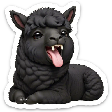 Cinematic Cute Yawning Black Alpaca Portrait Emoji, Head tilted slightly with a dramatic, wide-open yawn, showcasing a soft, plush jet-black fleece with gently drooping ears, round dark eyes barely open in drowsy contentment, Simplified yet irresistibly adorable features, highly detailed, glowing with a soft, cozy glow, high shine, relaxed yet expressive, stylized with a touch of whimsy, bright and endearing, soft glowing outline, capturing the essence of a sleepy yet affectionate alpaca, so drowsy it feels like it could stretch out of the screen and curl up for a nap! sticker