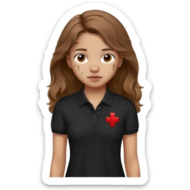 crie uma garota com ferimentos cabelo ondulado 2c longo castanho e blusa polo básica preta sticker