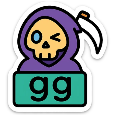 grim reaper head with 'gg' text, color outline icon style, playful expression sticker