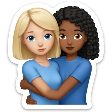 Girl best friends: one taller white girl with straight blond bob and blue eyesone shorter black girl with long black curly hair, hugging sticker