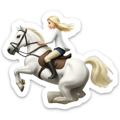 Blonde girl riding a white horse jumping over a jump sticker