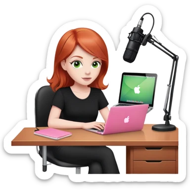 Redhead with green eyes sat at desk with pink MacBook and  podcast microphone black top and pink chair  sticker