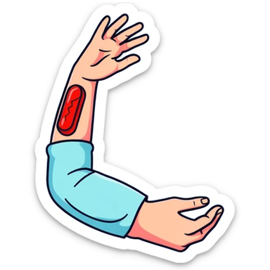 Forearm with allergy skin prick test showing red reaction bumps, 5 fingers visible at the wrist, medical procedure sticker