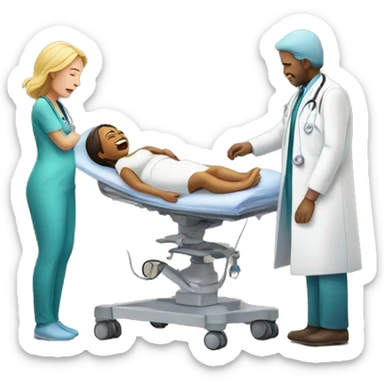 a woman gives birth and doctors stand nearby sticker
