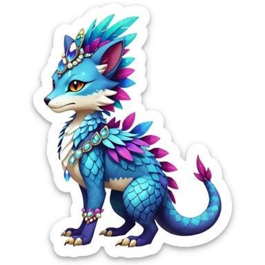 Kawaii cute dark deep colorful warm-colored exotic tropical beautiful pretty elegant divine edgy feline-vernid-sergal-Fakémon-Pokémon-fursona-animal-creature with accessories, jewelries, full body, with intricate detailed markings, feathers, crystals, fins, scales, headdress sticker