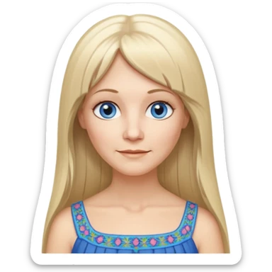 50 yr old white woman, hippie parted very long hair, short bangs, very long straight blond hair, oval face, small smile, blue eyes, thin face, hair downback, hair parted at center of head, round cheeks, pale, longer hair, white evening dress sticker