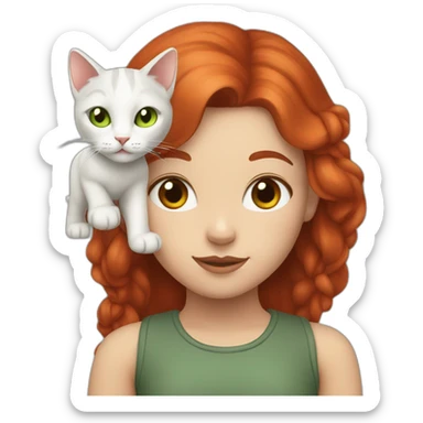 Girl with long red hair, a little dark, with a white cat on her head and gray green eyes sticker