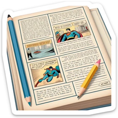 Create a detailed emoji representing the process of writing texts for comic books. The design should feature a large, open comic book with vintage comic strips visible on its pages. A pencil should be shown writing text on one of the comic panels, but without a hand. The pencil should appear as though it is actively creating the dialogue or narration. Use a classic color palette with muted tones for the comic book and brighter accents on the pencil to draw attention to the writing process. Do not include any emojis or smiley faces. Make the background transparent. sticker