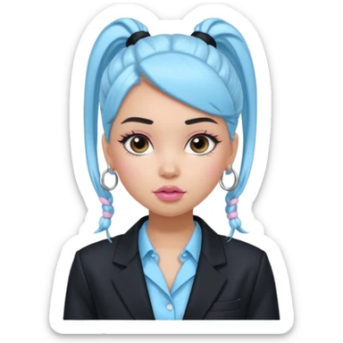 generate a pretty bratz girl wearing a light blue full sleeve shirt. silver small hoops, pink lipgloss, black blazer. black hair tied up in a ponytail sticker