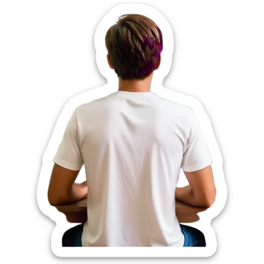 A man seen from behind, with detailed, well-lit hair. He is sitting in front of an open MacBook on a desk. On the MacBook screen, the Instagram logo is clearly visible and glowing. The scene has a modern, minimalistic aesthetic with natural lighting and a sharp, high-resolution look. sticker