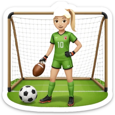 Make a dirty blonde football goalkeeper with goalkeeper gloves on holding a football. The girl is light skinned and wearing a football kit and football shoes. Standing in front of football goal. Wearing a ponytail with the dirty blonde hair. Without a American football ball sticker