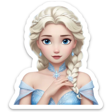 Cinematic Realistic Elsa Portrait, depicted with lifelike skin texture, soft natural lighting, and intricately detailed platinum blonde hair styled elegantly. Her striking, expressive blue eyes exude confidence and grace, complemented by a serene and regal expression. She holds a shimmering snowflake delicately in one hand, her other hand resting against her gown, embodying the power and beauty of winter. She is dressed in her signature icy attire, with shimmering fabric textures and delicate folds that catch the light beautifully. The portrait features a soft, enchanting glow with a cool, radiant finish, capturing the essence of timeless elegance in a realistic and painterly style. sticker