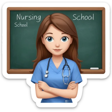 university classroom that says nursing school on the blackboard with a pretty female nursing student with long brown hair, blue eyes sticker