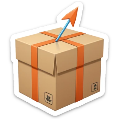 Minimal line-art icon of a shipping box with an arrow going up or a price tag, simple modern style, clean outlines, slightly 3D, no background, transparent, represents “reselling / e-commerce / flipping items” sticker