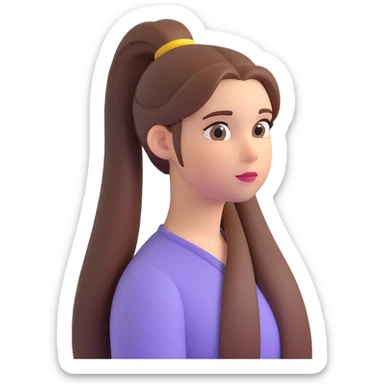 girl character with long straight hair in a ponytail and a thoughtful expression, emoji style sticker