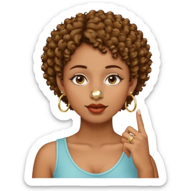 faça uma mulher com o cabelo curtinho cacheado com piercing no nariz e brincos e o dedo indicador no canto da boca morena sticker