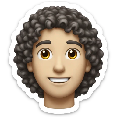 A tall boy with pale skin and dark curly hair, dark beautiful eyes, big nose and small red lips, smiling and standing still. sticker