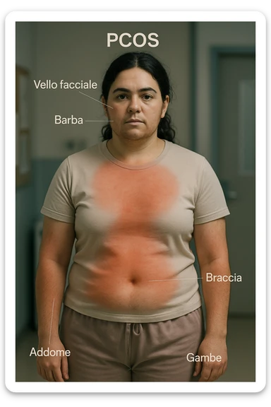 Realistic and cinematic vertical image of a woman with PCOS. Anatomically highlight with colors or transparencies the areas most affected by excess hair (face, chin, chest, abdomen, arms, legs). Clinical atmosphere with captions in Italian. Aspect ratio 2:3. sticker