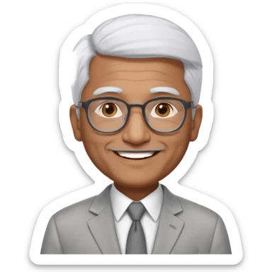 60 yr old indian man, short straight white hair brushed foreward , light grey business suit, big smile, dark brown skin, no moustache, dark brown eyes, glasses
 sticker