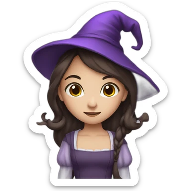 a young white brown thin girl with straight dark hair dressed as a purple witch sticker