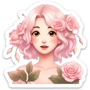 Gorgeous shiny pastel anime style lady with blushing face and roses leaves shiny aesthetic trending style sticker