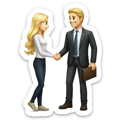 A 40-year-old fair-skinned businessman shakes hands with an 18-year-old fair-skinned blonde girl, full-length emoji sticker