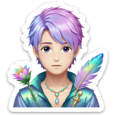 Beautiful gorgeous anime guy with beautiful iridescent-special-hair, fashion aesthetic, ethereal, fairycore, pastelcore, feather, flower, gems, accessories, jewelries, gold, colorful sticker