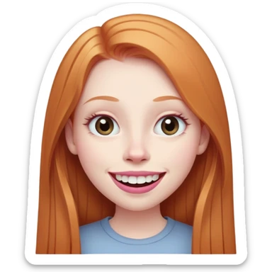 traditional emoji of young girl with very pale skin, long straight muted ginger hair, elongated oval face, bigger human-like eyes positioned close together, wide nose, full pink lips with a big smile showing extremely large and prominent teeth, less intense expression sticker