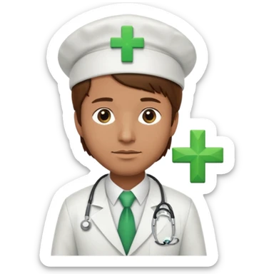 a doctor in white suit with a doctor hat with green cross brown hair man sticker