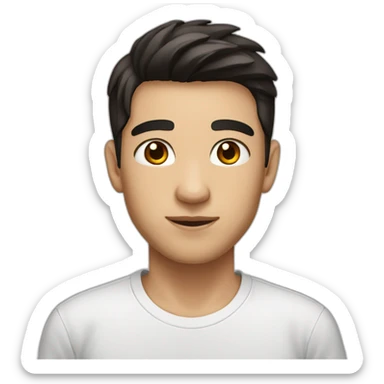 a young man, white skin, shorter black-brown hair and dark brown eyes wearing a white t-shirt sticker