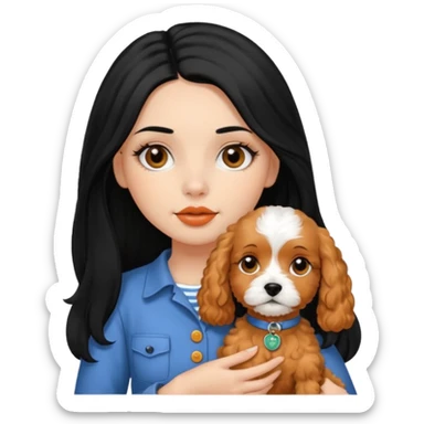 Italian girl long straight black hair black eyes button nose full lips holding apricot Cavapoo dog sticker