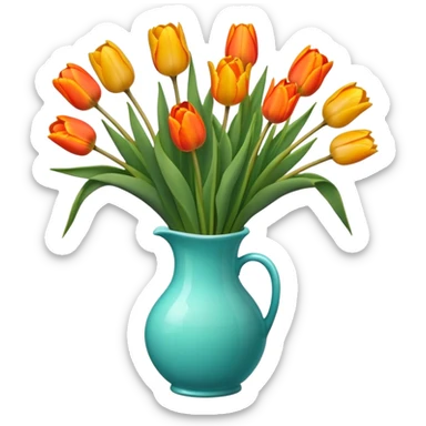 Bouquet of orange and yellow tulips in turquoise glass vase sticker