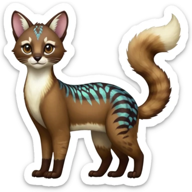 Colorful dark chocolate-brown tropical beige, white fur iridescent glorious divine exotic cute cool beautiful shiny beautiful fantasy-caracal-civet-genet-sergal-vernid-Cacomistle-oncilla-animal-Fakémon-hybrid-fursona with pattern markings (full body) sticker